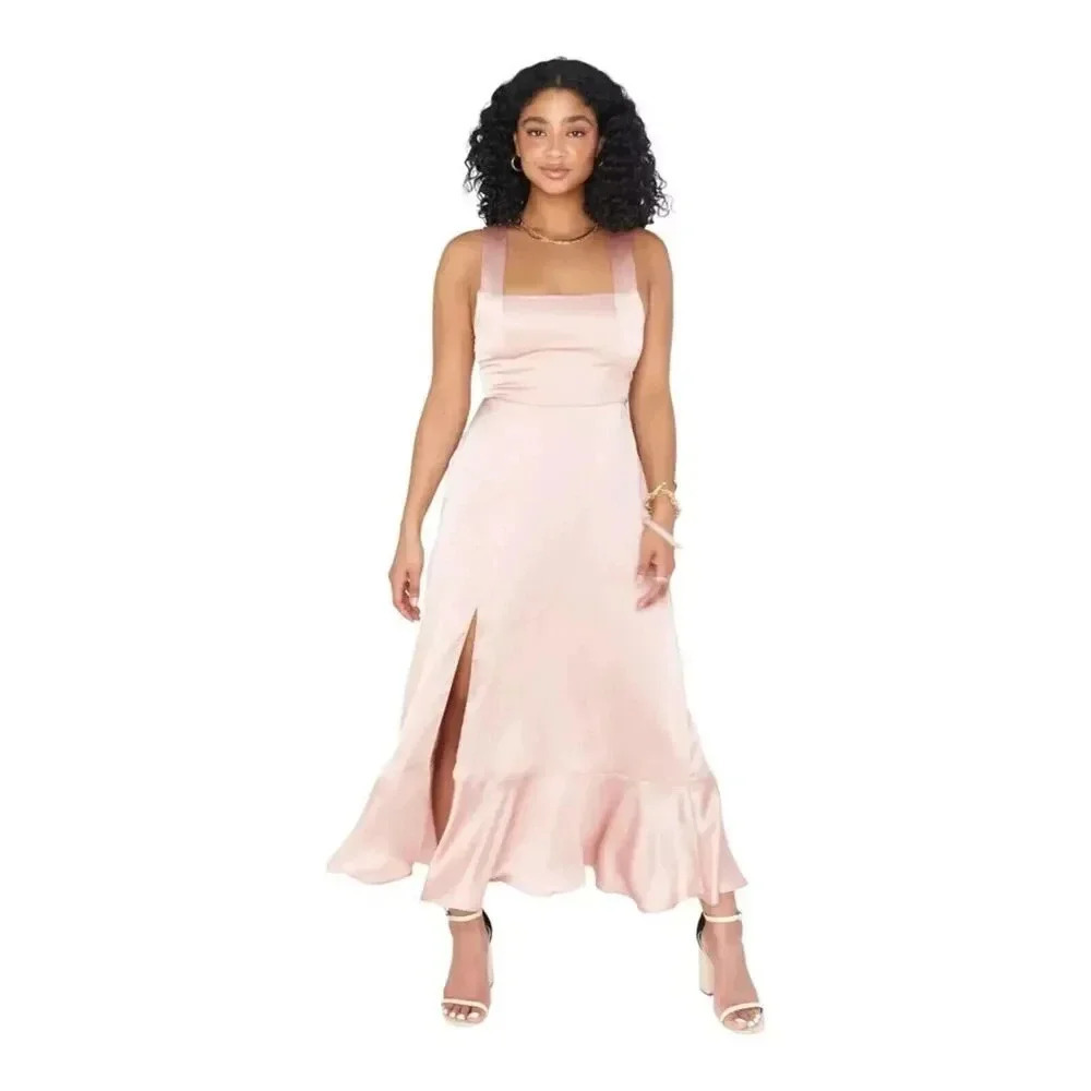 Show Me Your MuMu Satin Claire Midi Dress Size Small Rose Gold Champagne Smocked